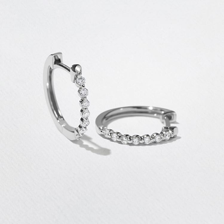 Diamond Station Huggie Hoops in 14k White Gold