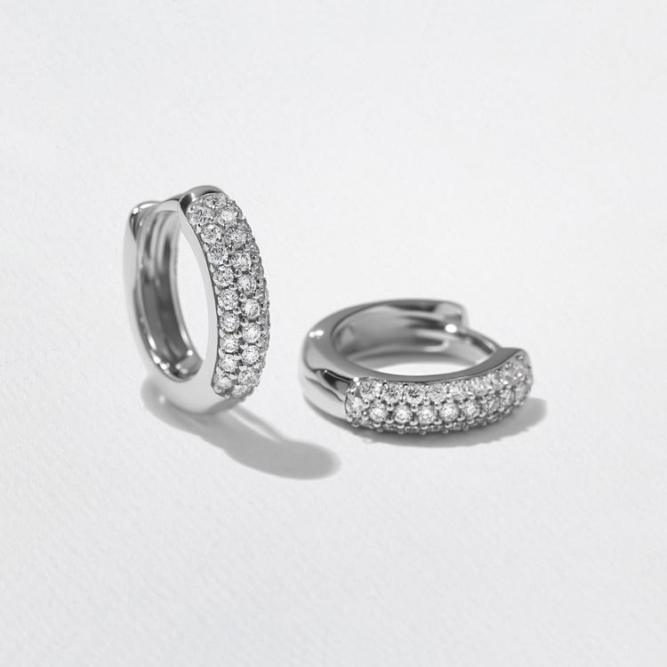 Triple Pavé Domed Diamond Huggie Hoops in 14k White Gold