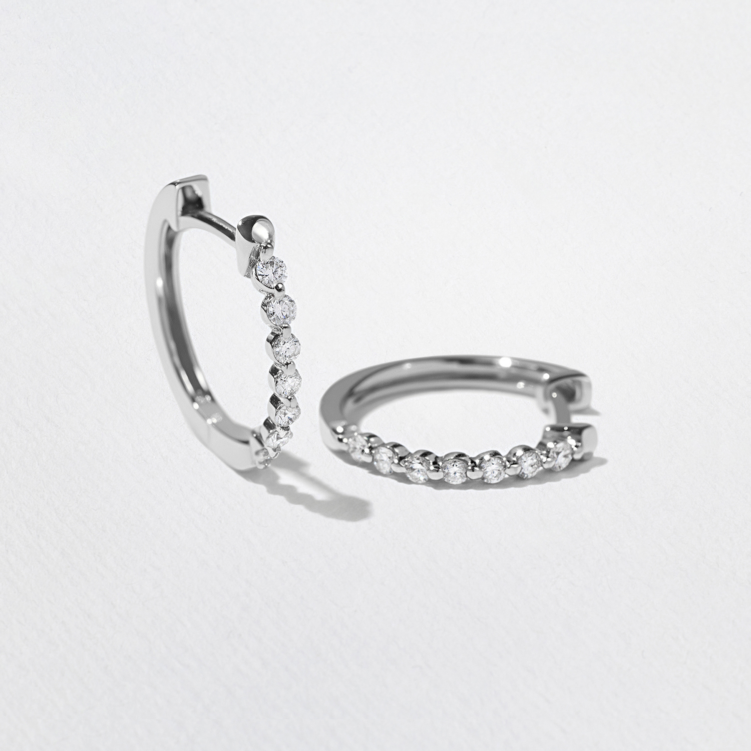 Diamond Station Huggie Hoops in 14k White Gold