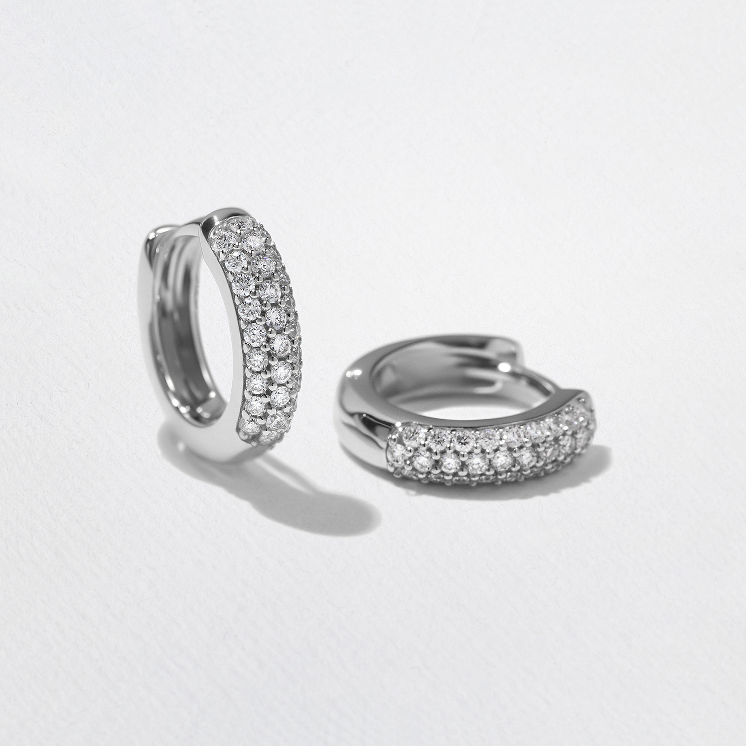 Triple Pavé Domed Diamond Huggie Hoops in 14k White Gold